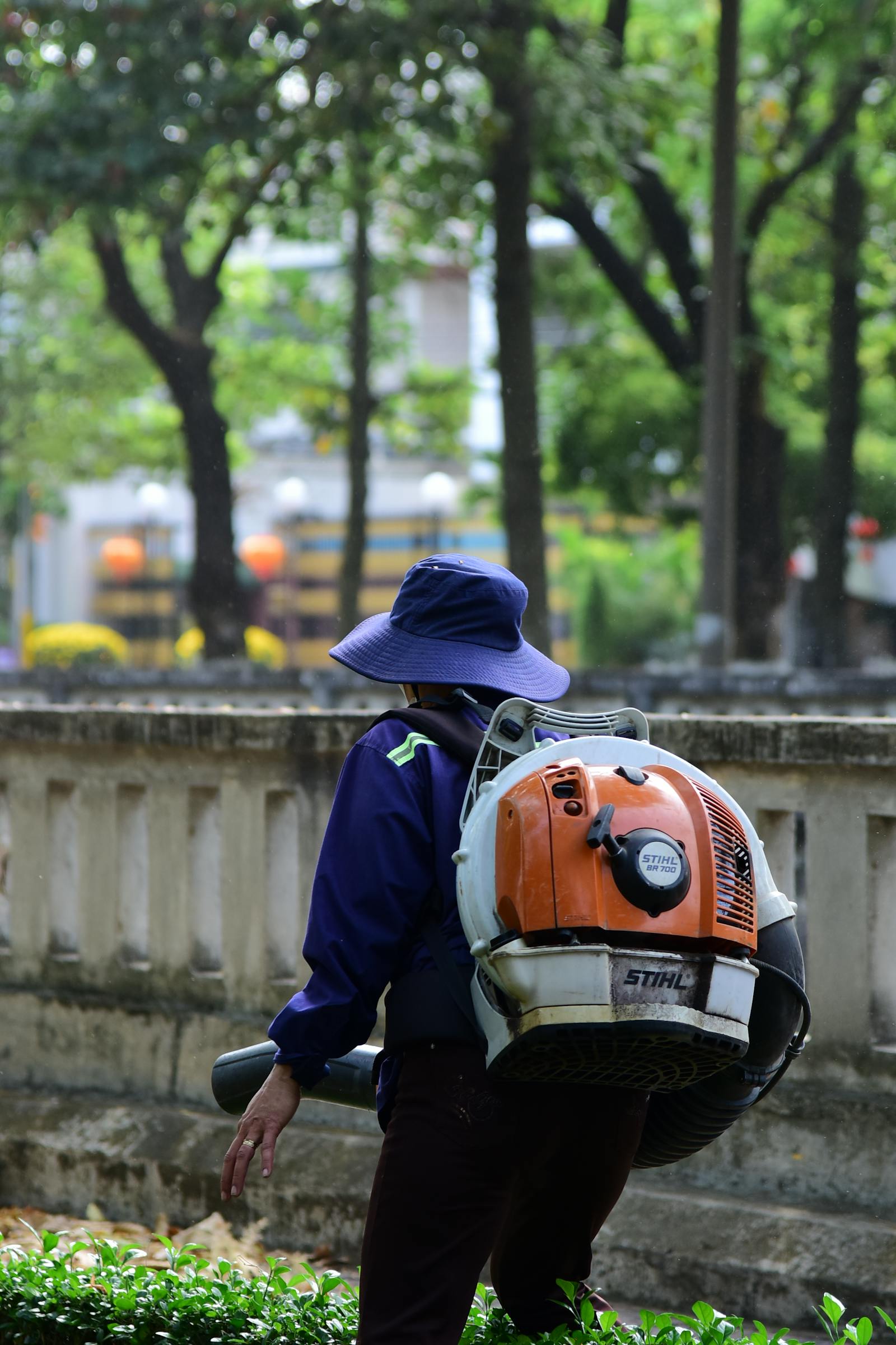 Backpack-blower clearing fallen leaves and palm debris into a tidy pile on a residential lawn.